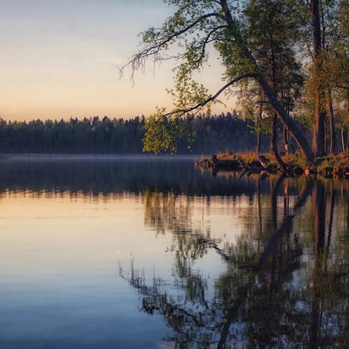 Sunrise over a calm lake with colorful sky